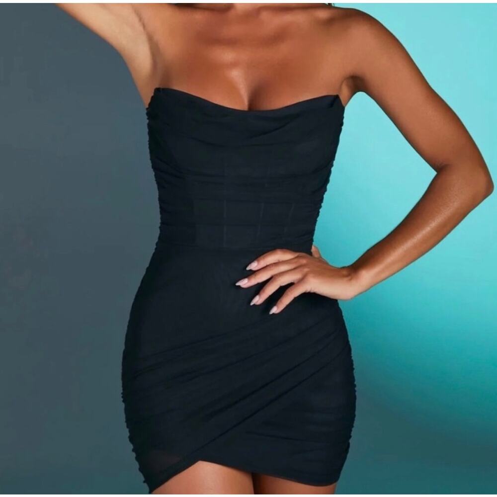 Oh Polly Côte d'Ivoire Bandeau Wrap Mini Dress Black Bodycon Strapless Size 2